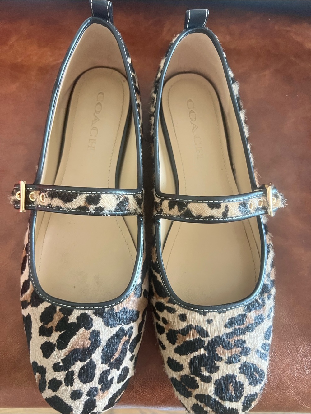 COACH Leopard Print Mary Jane Flats - Black & Tan